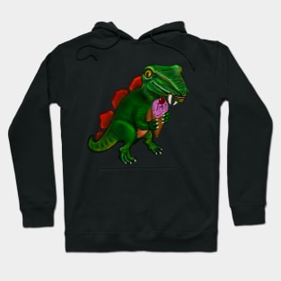 Dinosaur with ice cream  - green and orange dinosaur with sharp teeth fangs enjoying an ice cream treat with. Cherry on top Hoodie